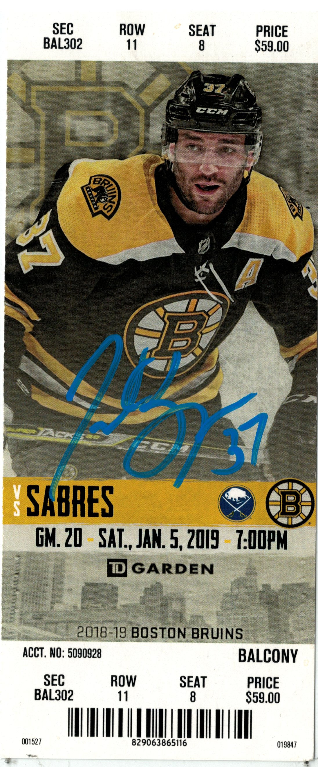 Patrice Bergeron Boston Bruins Signed Full Ticket 2019 vs Sabres