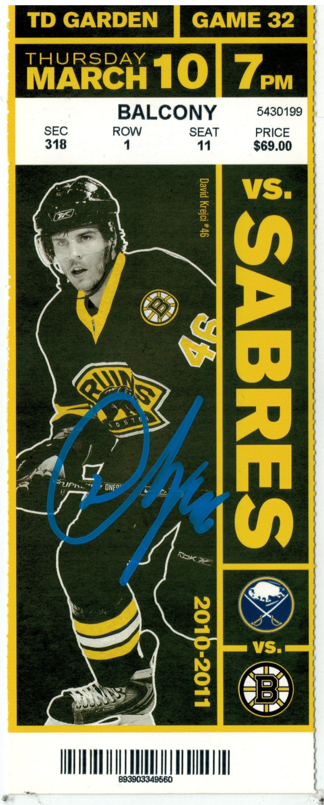 David Krejci Boston Bruins Signed Full Ticket 2011 vs Sabres COA
