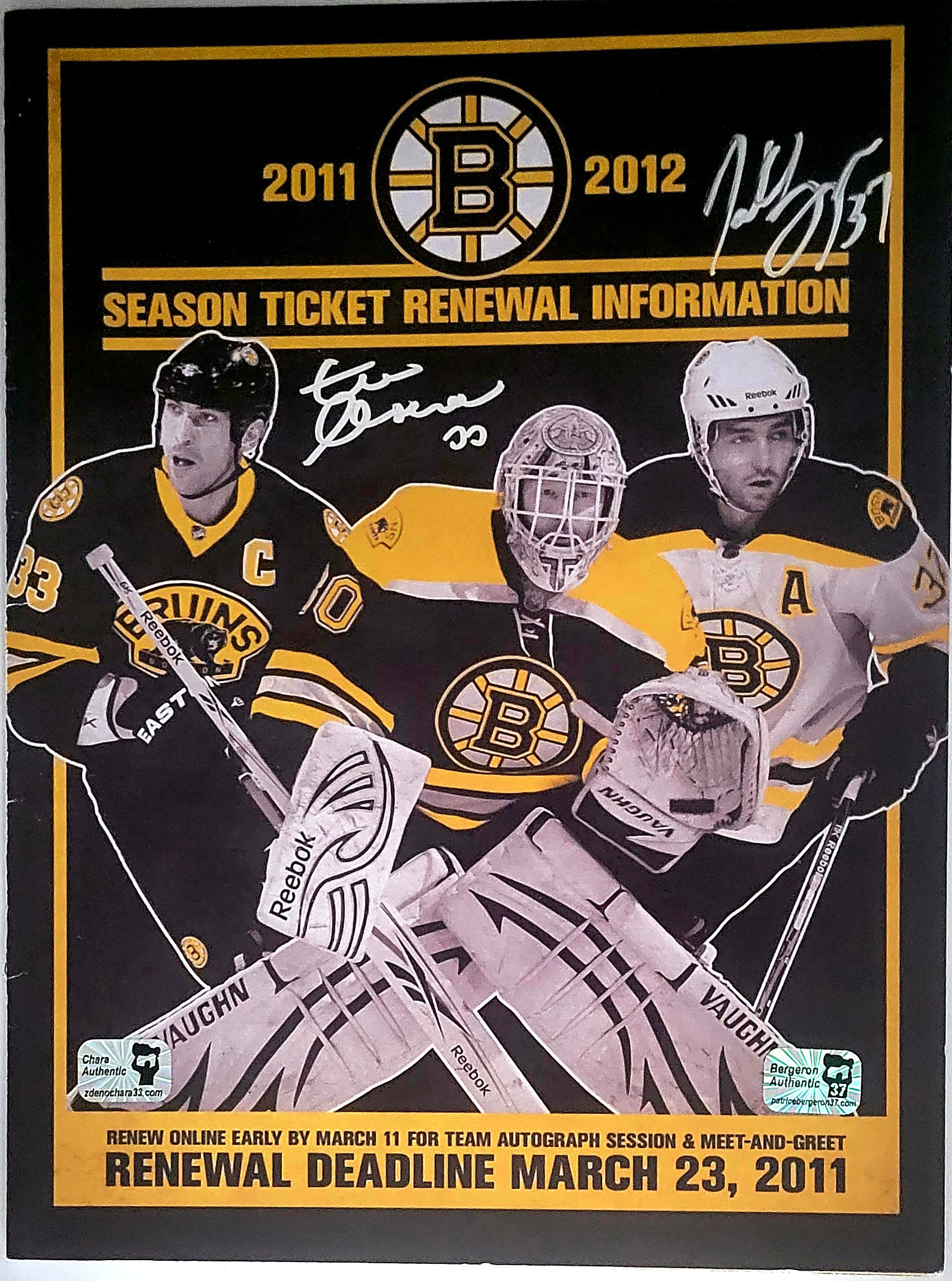 Patrice Bergeron Zdeno Chara Signed Boston Bruins Season Ticket Flyer COA