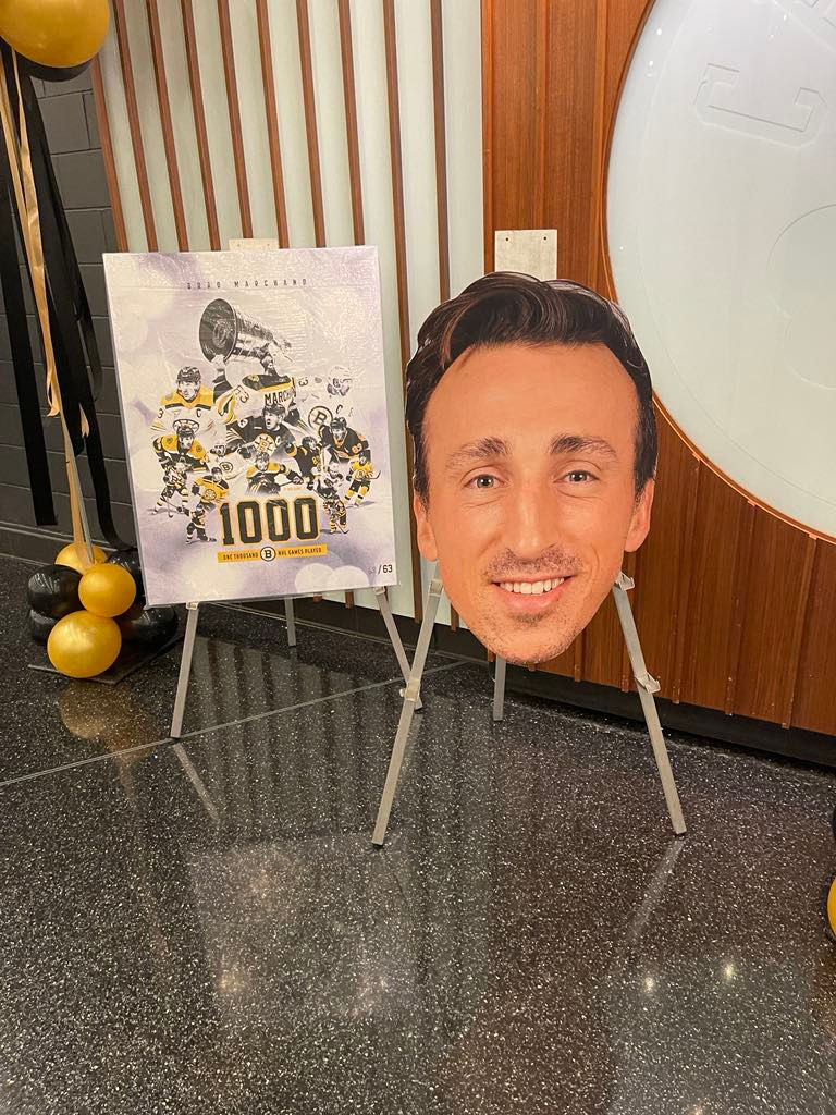 Thumbnail: Brad Marchand Signed 16x20 Canvas 1000 NHL Games Celebration COA LE /63