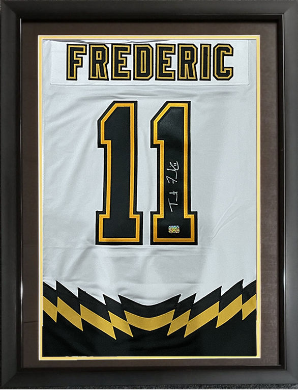 Trent Frederic Boston Bruins Signed FRAMED Retro Jersey Swatch COA