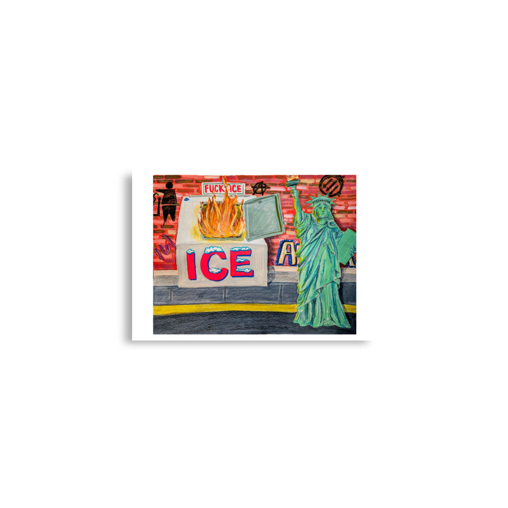 Statue of Liberty next to burning 'ICE' sign
