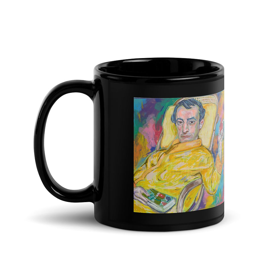 Thumbnail: Black glossy mug with colorful abstract portrait artwork