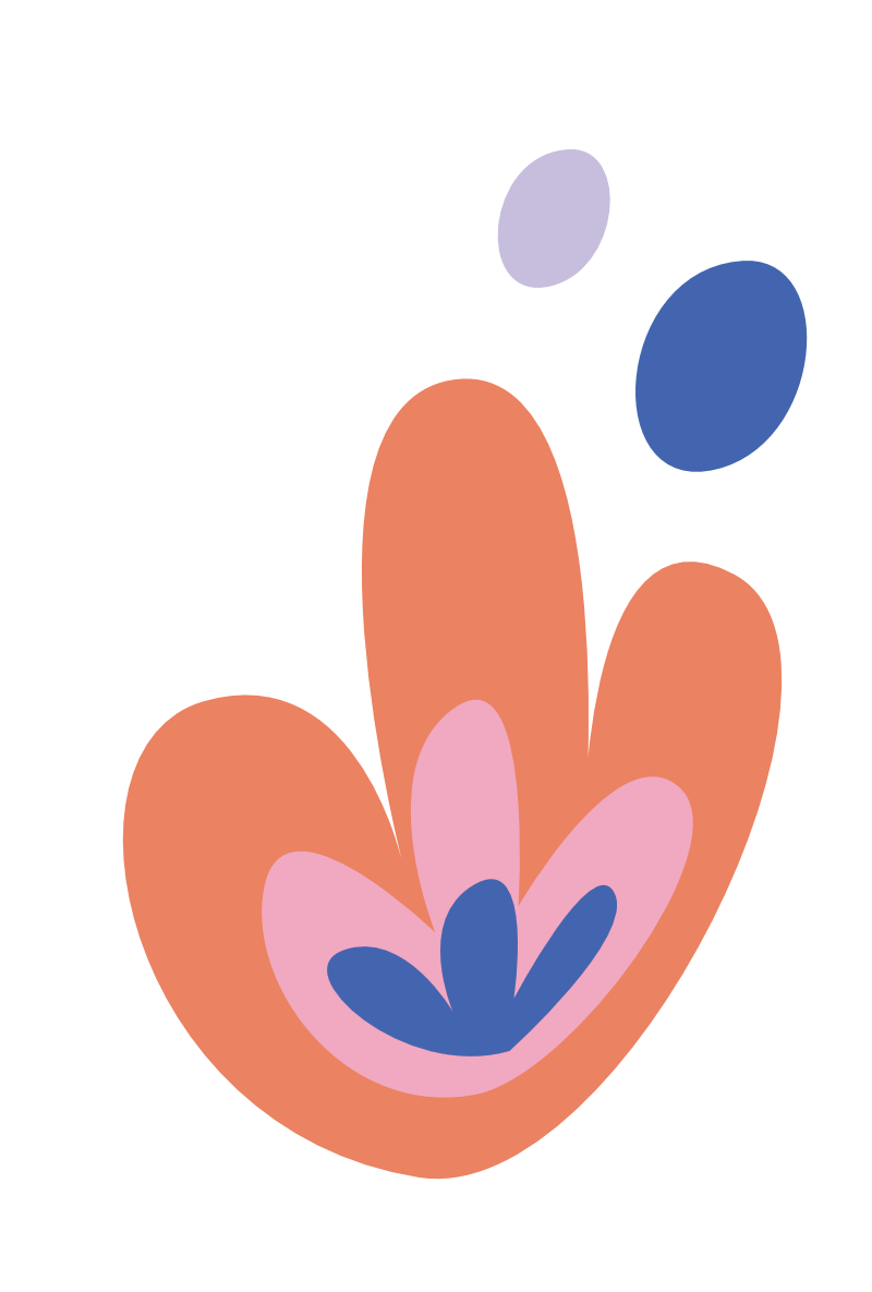 Abstract flower illustration in coral, pink and blue with floating circles