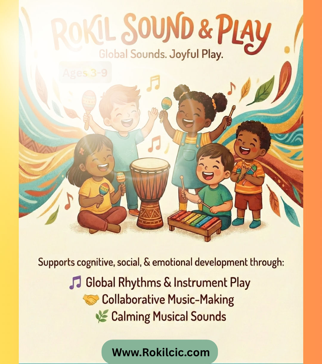 Rokil Sound & Play Amersham Library poster with children playing instruments, Fridays 10:15-11:00 AM.
