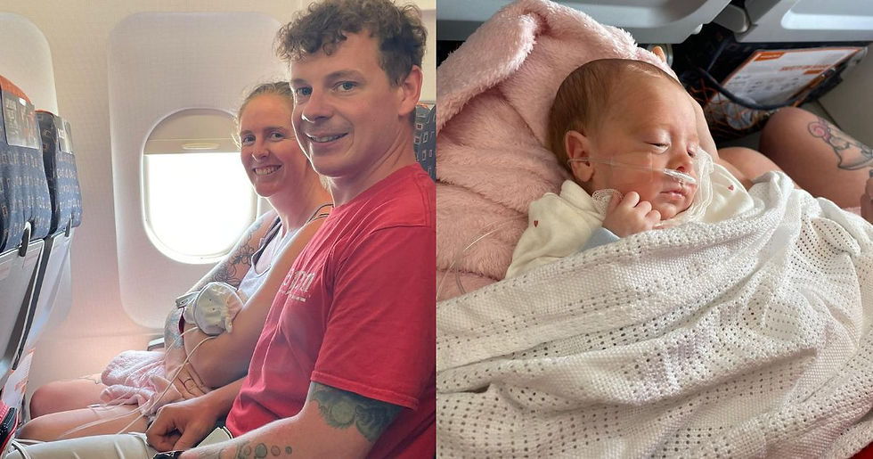 Baby Elsie, Kyle and Jo on their flight home.
