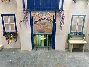 The beach bar scene in our mamma mia set hire package.