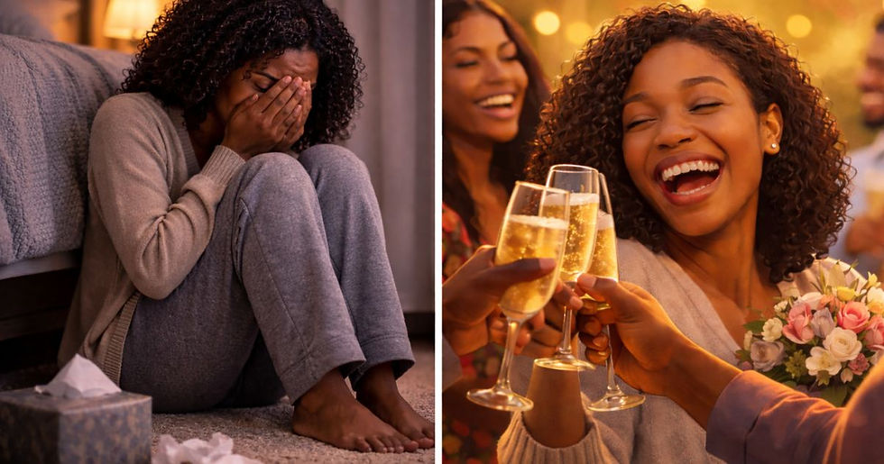 Split image of a Black woman: on the left, she sits alone on a bedroom floor, crying with her face in her hands; on the right, she smiles and celebrates with friends, raising glasses in a joyful gathering.