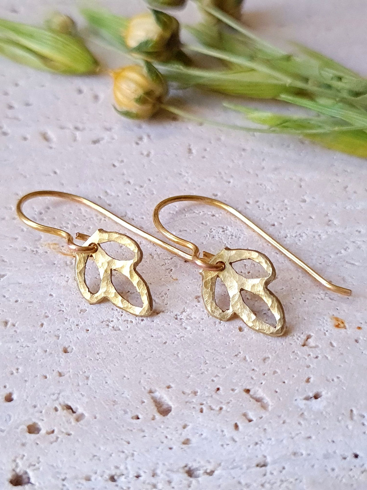 Little Brass Leaf Earrings created after isolating the leaf shapes from an overheated piece and turning them into a stand‑alone design.