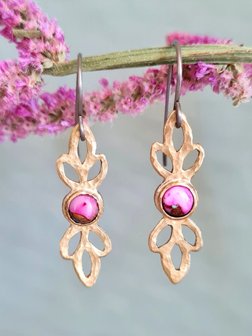 Pink Oyster Turquoise Leaf Earrings — the original design realised after learning from the earlier soldering error and refining the process.