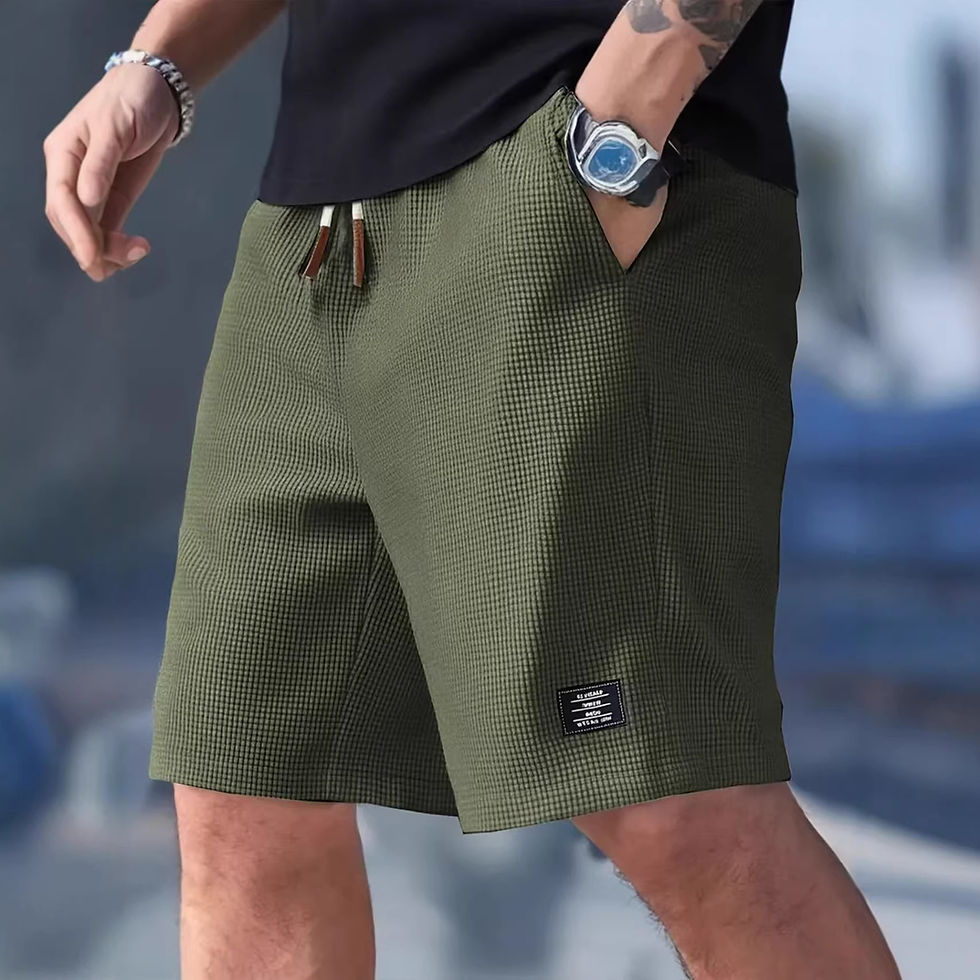 Miniatura: Bermuda masculina casual esportiva com textura waffle para o verão de 2026, sec