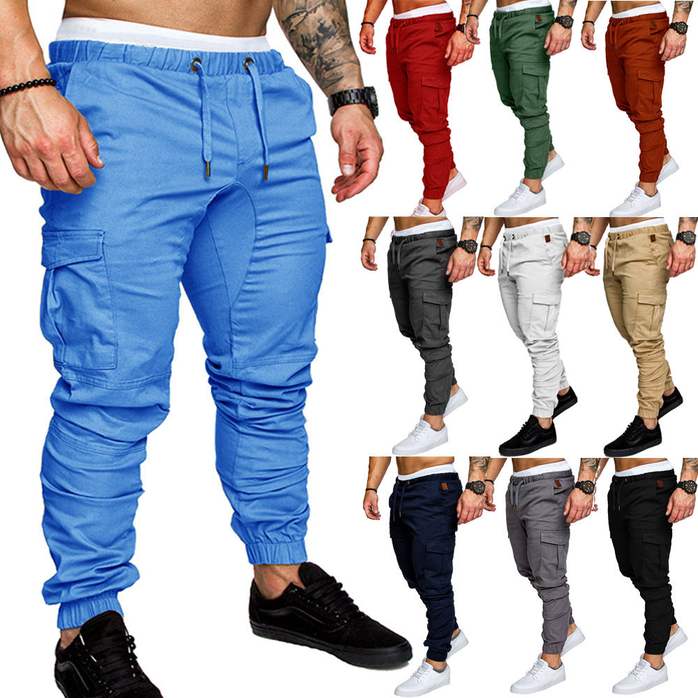 Calças masculinas novas de 2024, modelo jogger, cor sólida, com vários bolsos, e