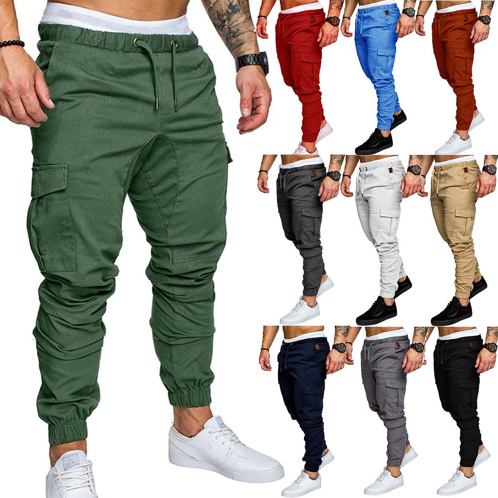 Miniatura: Calças masculinas novas de 2024, modelo jogger, cor sólida, com vários bolsos, e