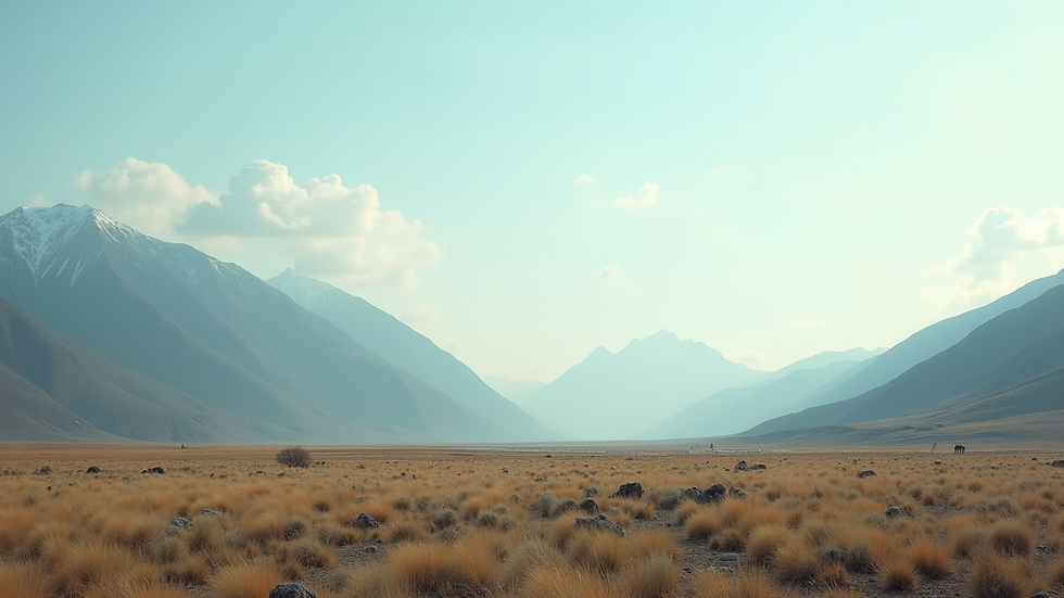 Wide angle view of a serene landscape with mountains and a clear sky