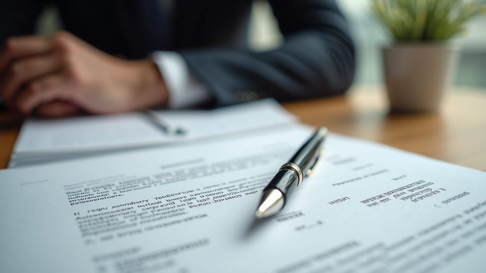 Close-up view of legal documents and a pen on a wooden desk