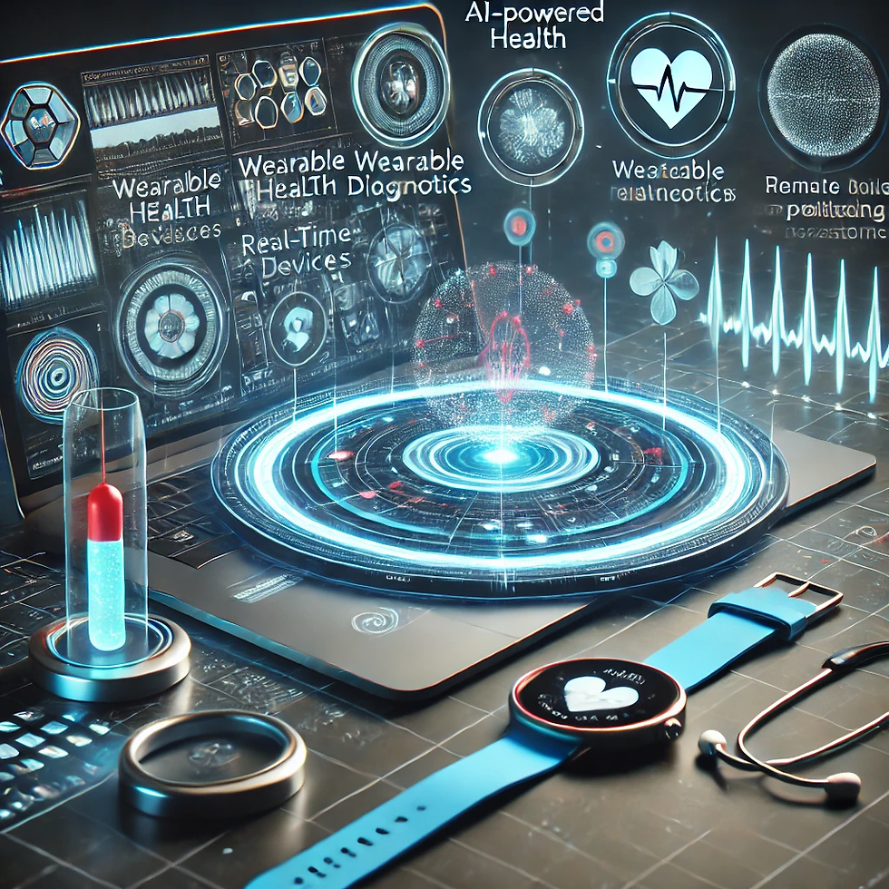 A futuristic vision of a fully connected healthcare system, where AI, wearable health devices, and remote monitoring work together to enable proactive, data-driven care.
