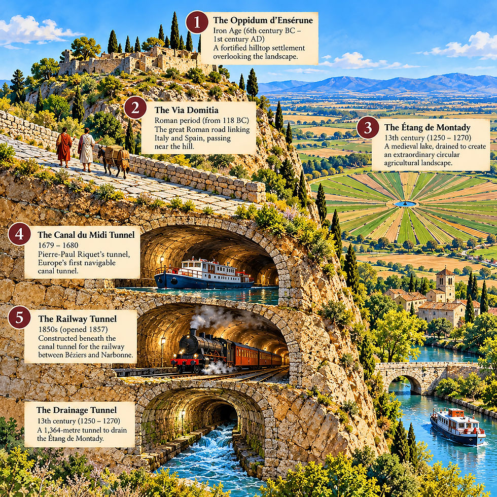 Five Layers of History. A schematic, not-to-scale reconstruction of the Hill of Ensérune, showing five successive chapters of human history: the Iron Age settlement, the Roman Via Domitia, the medieval drainage works of the Étang de Montady, the seventeenth-century Canal du Midi tunnel and the nineteenth-century railway tunnel. The illustration combines features from different periods to demonstrate their historical and geographical relationships; it is not intended to represent their precise locations, dimensions or appearance.