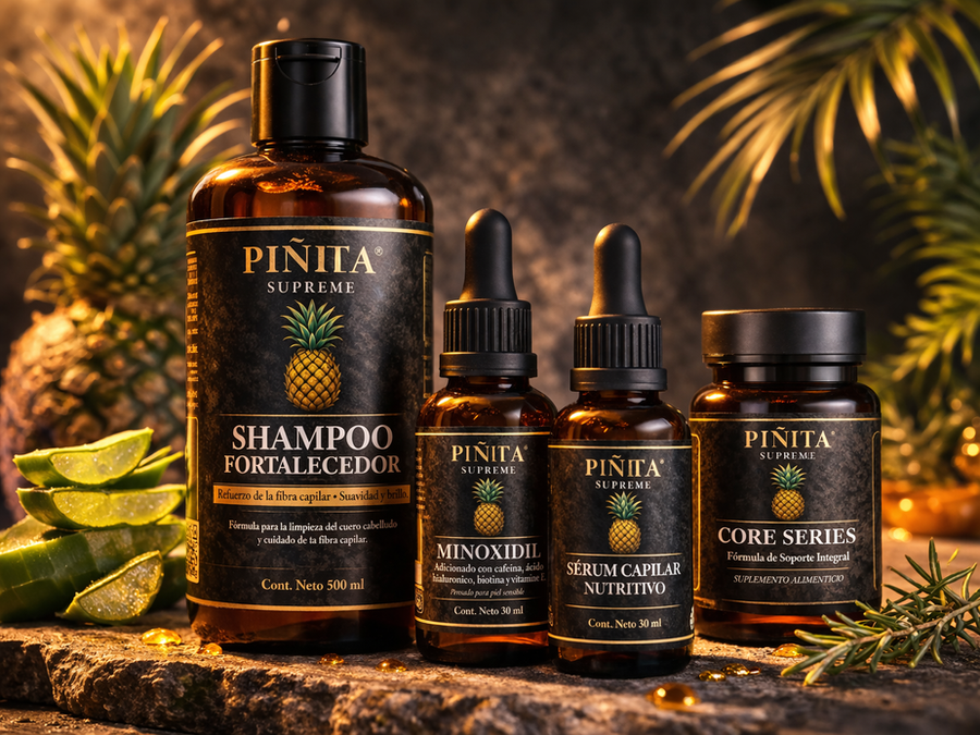 Kit Piñita Supreme completo: shampoo, sérum, minoxidil, suplemento y dermaroller