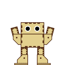 A two legged robot with ultrasonic sensor as the eye and two movable hands. The robot body is cubical in shape and made of hard board.