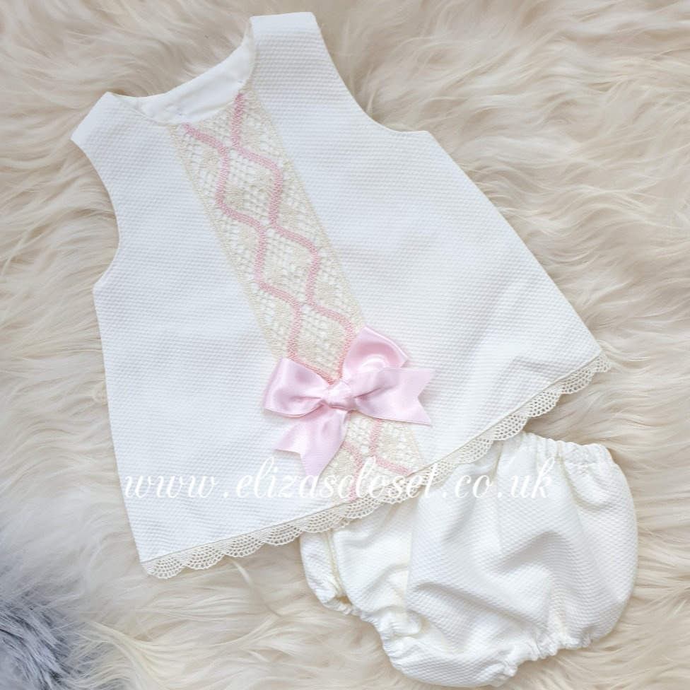 Spanish Baby Girls Cream Waffle Wave Ribbon Dress Elizascloset