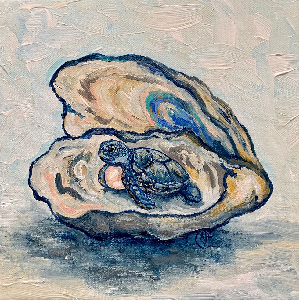 Thumbnail: 3 Oyster shells and sea turtles 3 acrylic paintings by Amber Ruehe