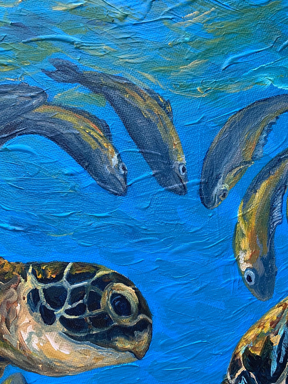 Thumbnail: Sea turtles in love with yellow fish acrylic painting
