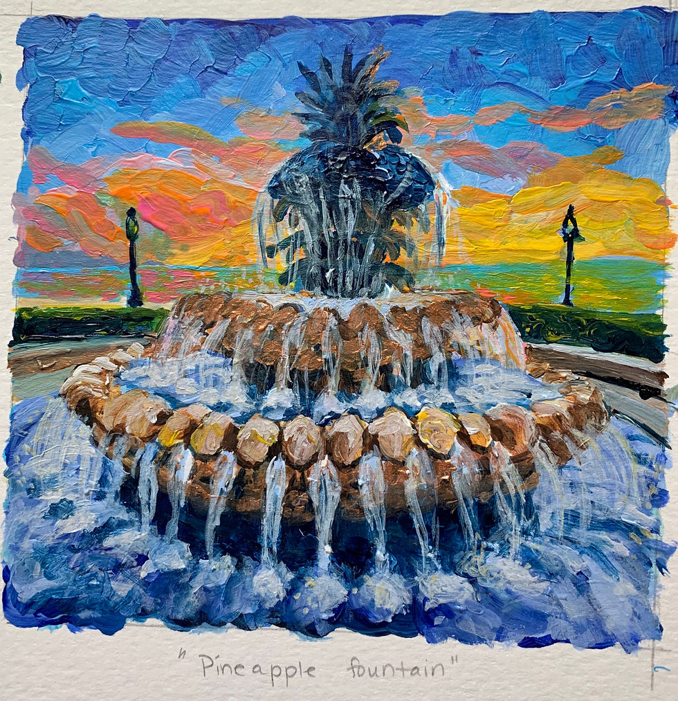 Thumbnail: Morris lighthouse, Folly Beach Piet, & Pineapple fountain acrylic paintings