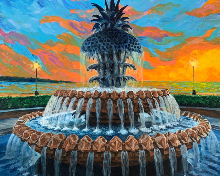 morris-lighthouse-folly-beach-pier-pineapple-fountain-acrylic-paintings