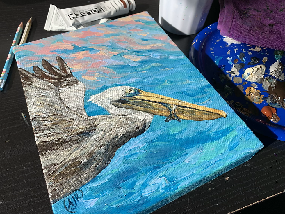 Thumbnail: Pelican and fish ocean acrylic painting by Amber Ruehe