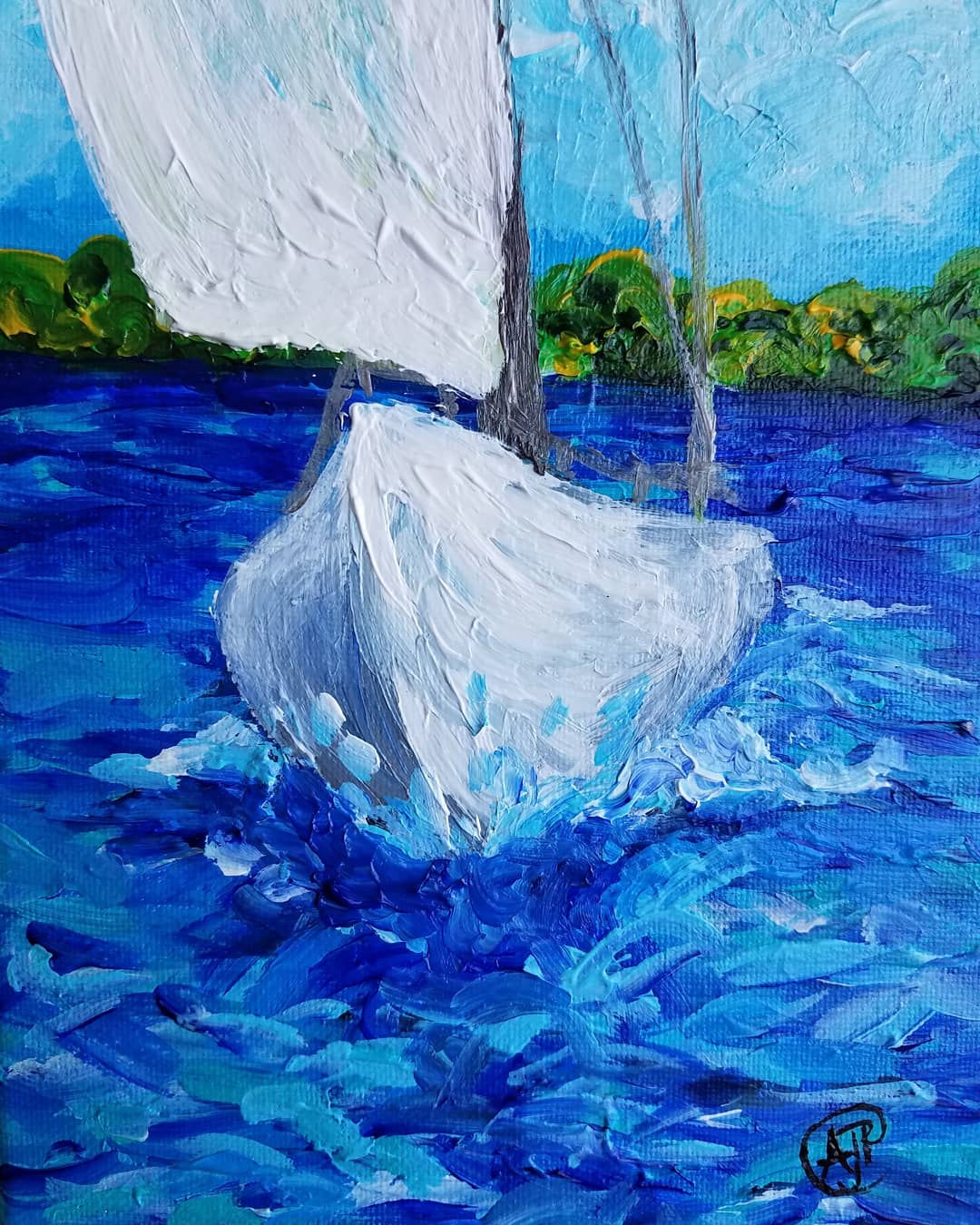 Sailing over the sea acrylic painting by Amber Ruehe
