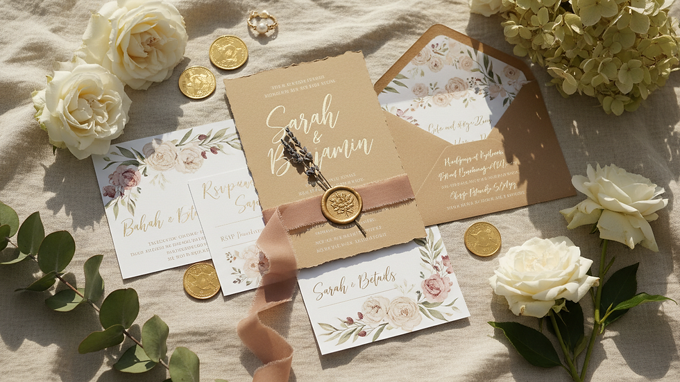 Eye-level view of a modern wedding invitation suite with floral accents