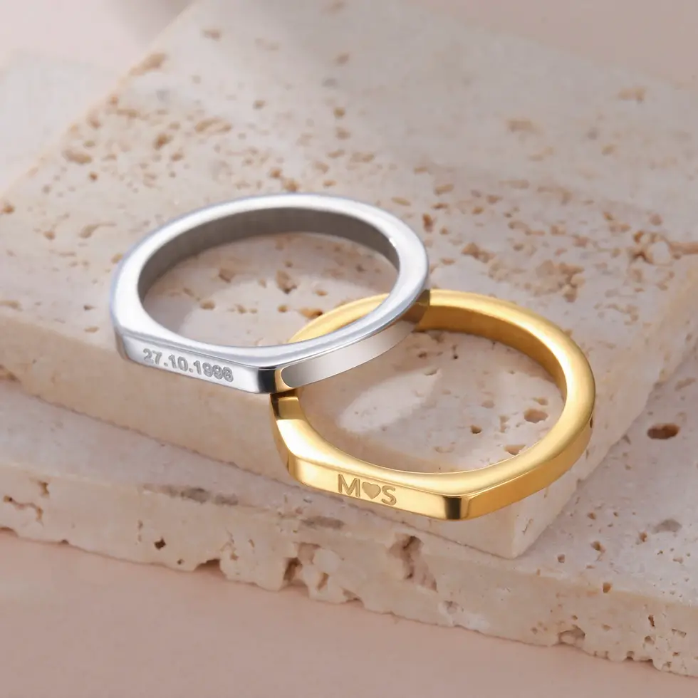 Thumbnail: Teamer Name Date Engraved Rings for Men Women Stainless Steel Couple Personalize