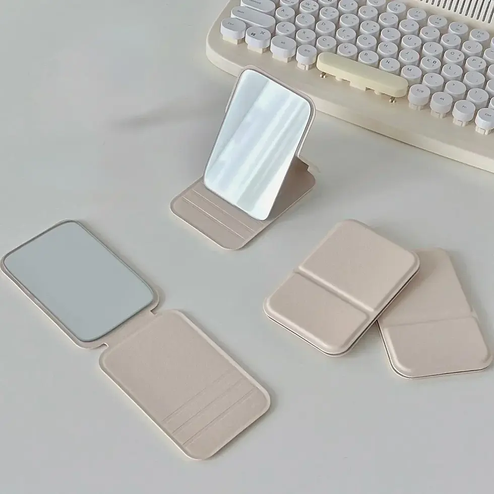 Thumbnail: Solid Color PU Leather Foldable Makeup Mirror, Portable Handheld Pocket Mirror, 