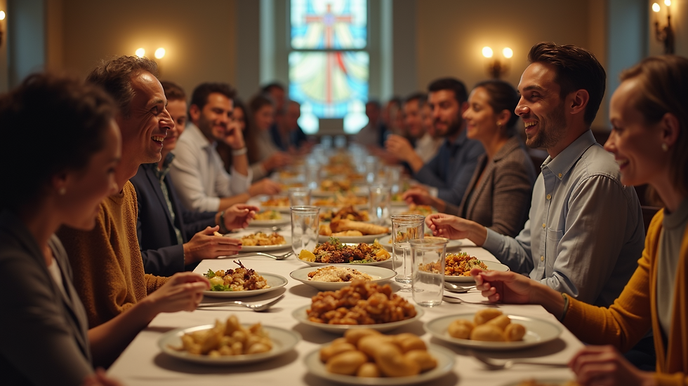 High angle view of a church fellowship meal with people sharing food and laughter