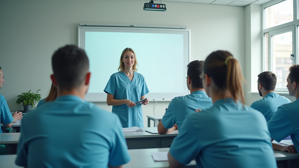 Eye-level view of a healthcare training classroom with students and instructor