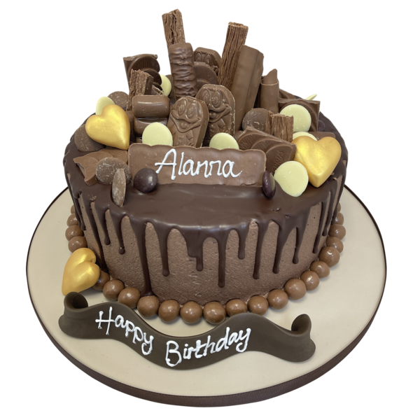 Decadent chocolate layered cake with a variety of textured toppings, perfect for indulging in a sweet treat.