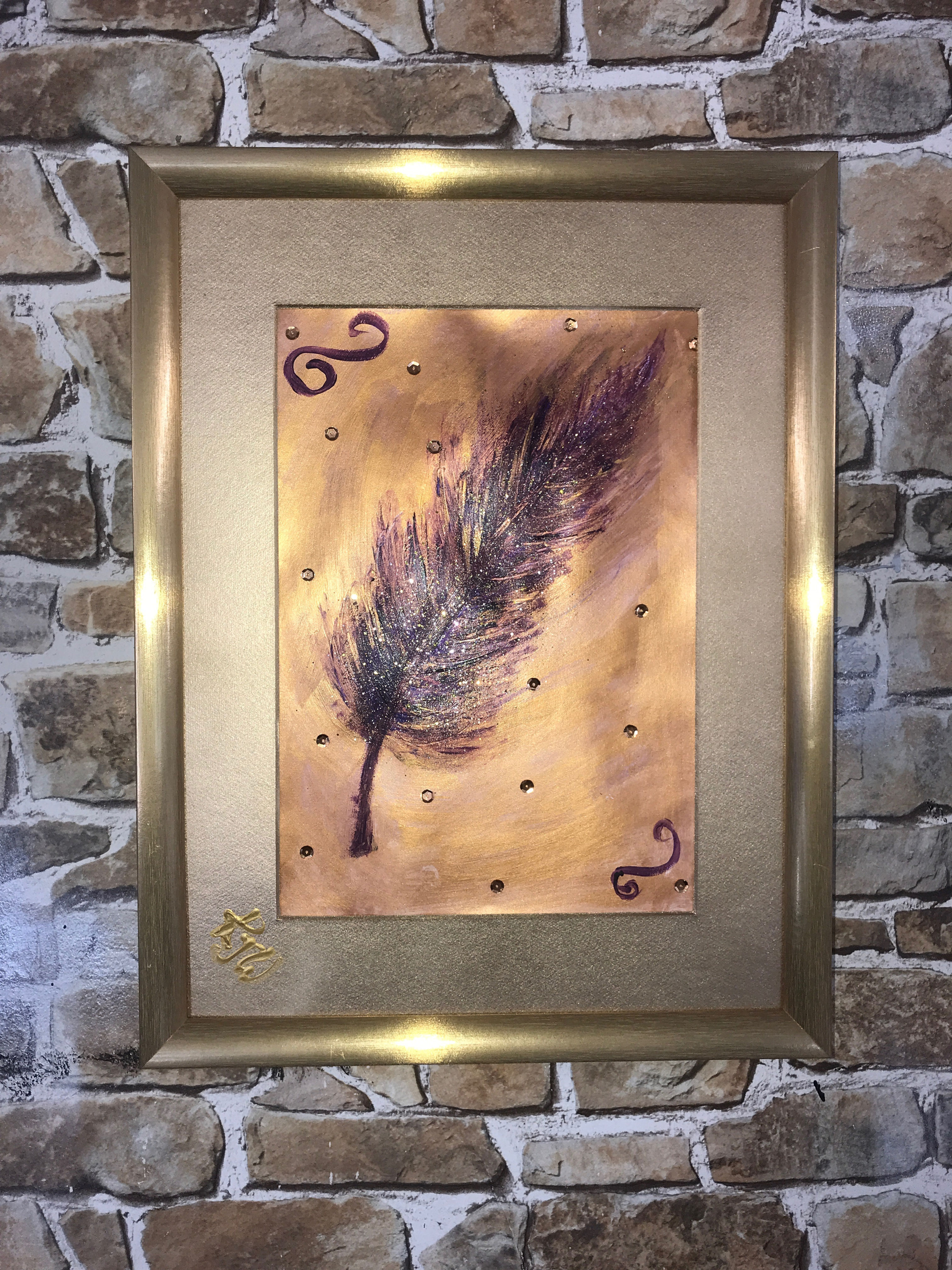 GOLD COPPER PURPLE GLITTER FEATHER 43x33cms