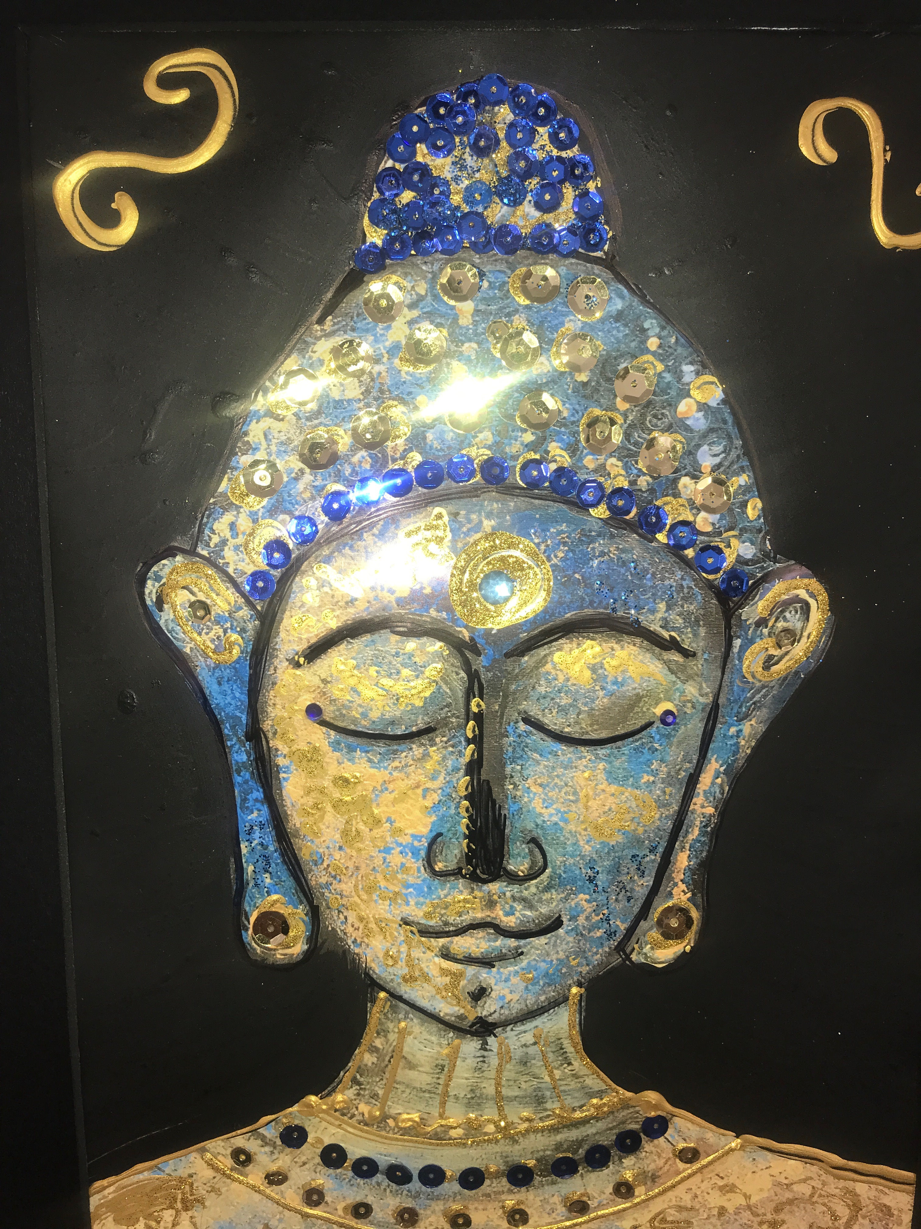 ORIG 'BLUE GOLD HEAD BUD 1-43X33 cms ACRYLIC AND METALLIC PAINT.