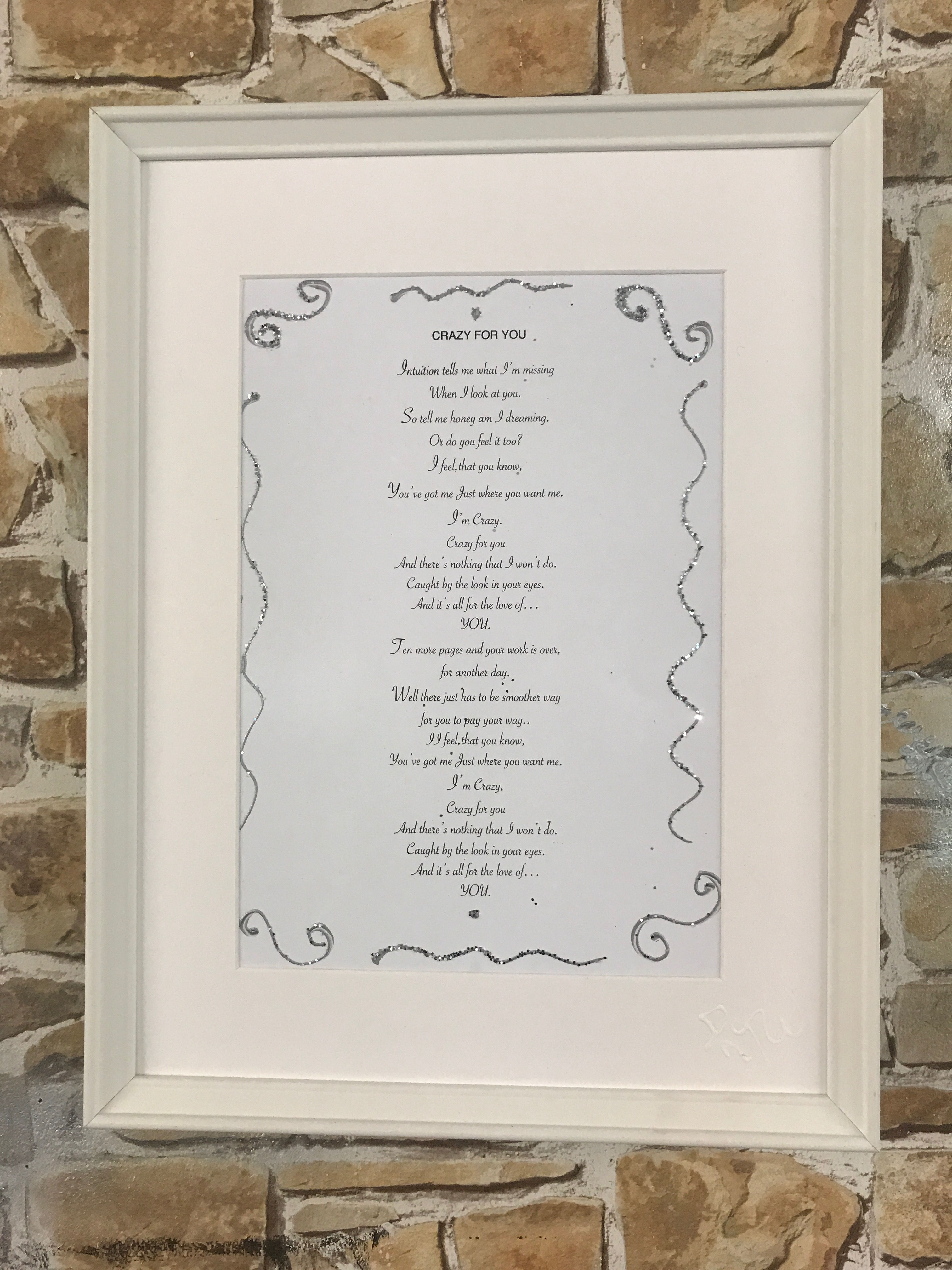 CRAZY FOR YOU LYRICS IN WHITE FRAME1-43x33cms
