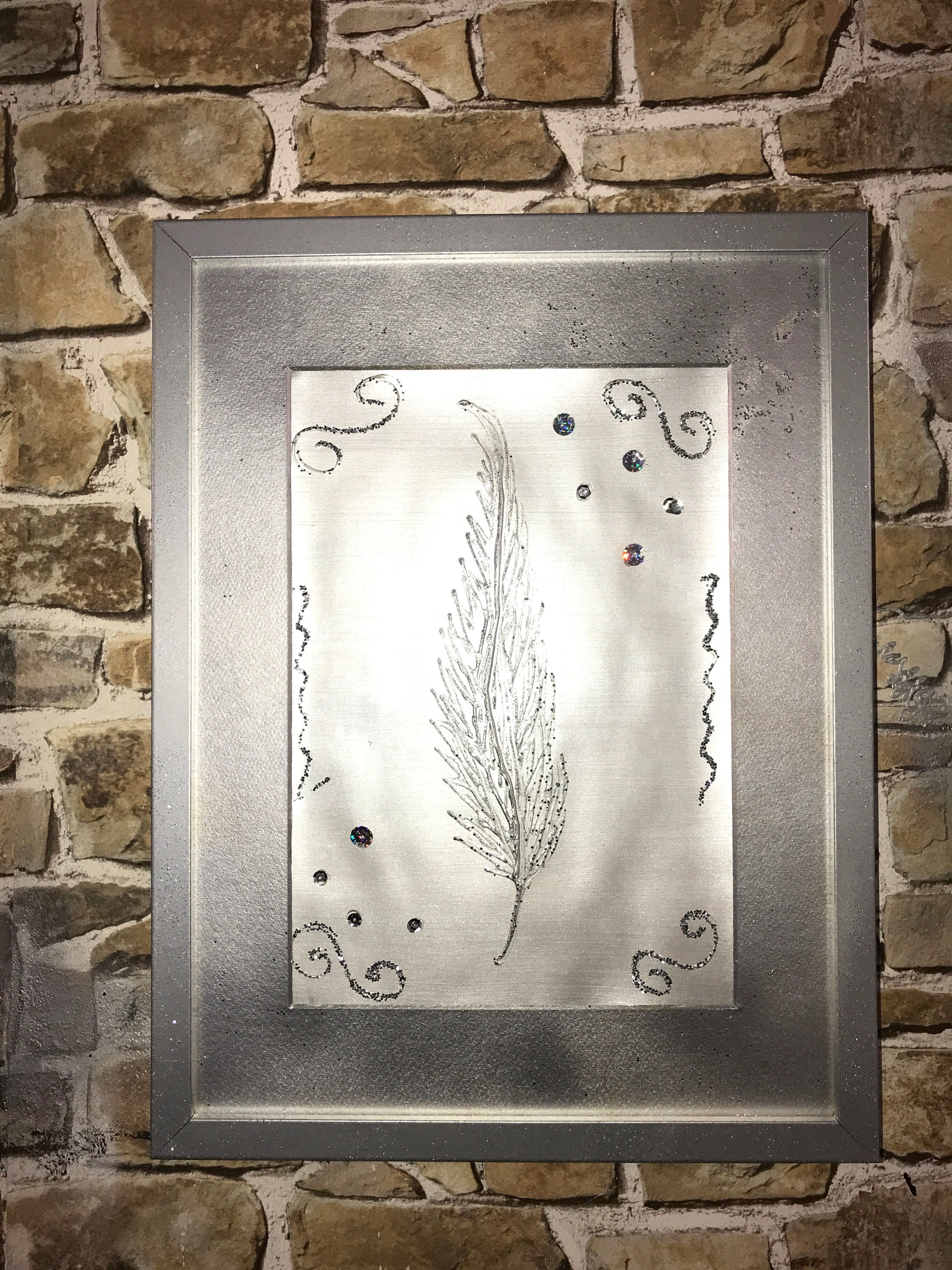 SILVER FEATHERS IN GLITTER FRAME Original