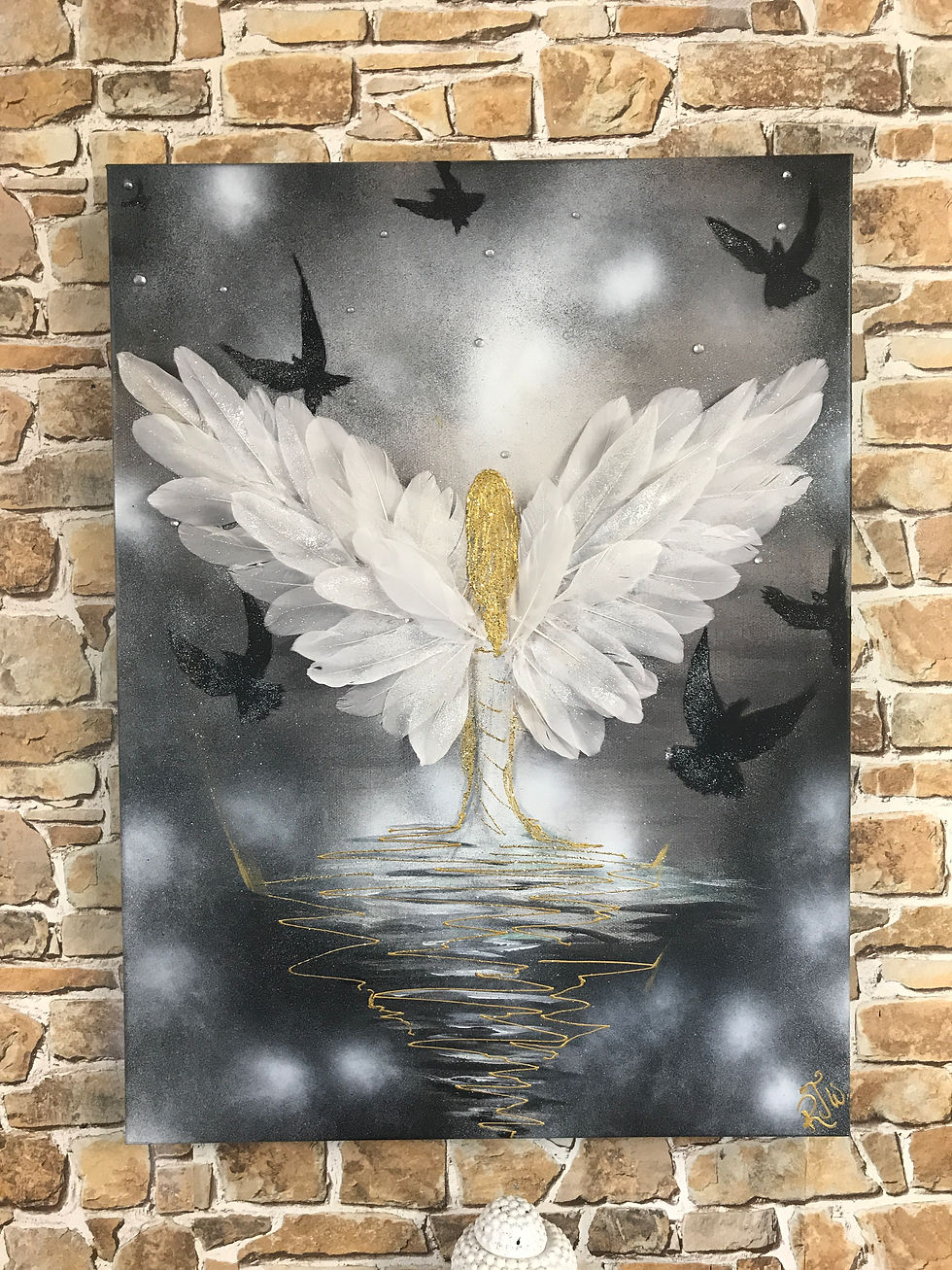 Thumbnail: REAL FEATHERS GREY/GOLD ANGEL RISING 80X60 CMS