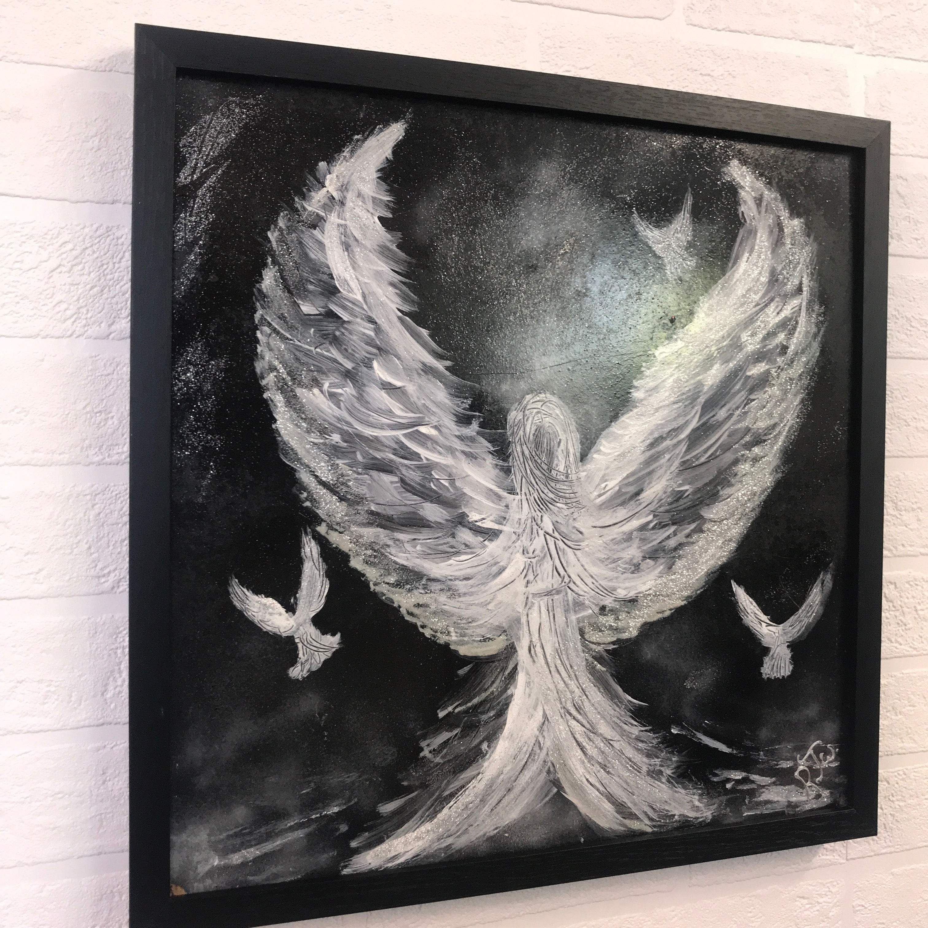 ANGEL WINGS 3 DOVES=21original 'acrylic painting 43X43cms FRAMED