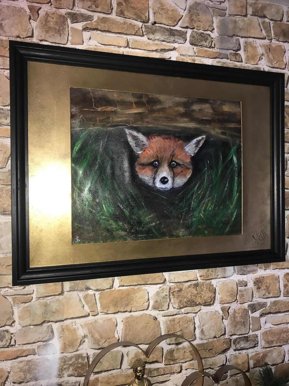 Thumbnail: SALE HIDING FOX  ONE-77X57cms  ACRYLIC ORIGINAL PAINTING.in frame