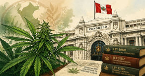 Ilustración del Congreso del Perú con planta de cannabis y libros de leyes 30681, 31312 y 32195 sobre regulación medicinal e industrial