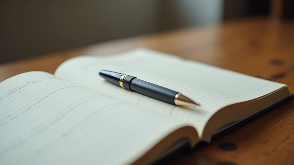 Close-up view of a journal and pen on a wooden table