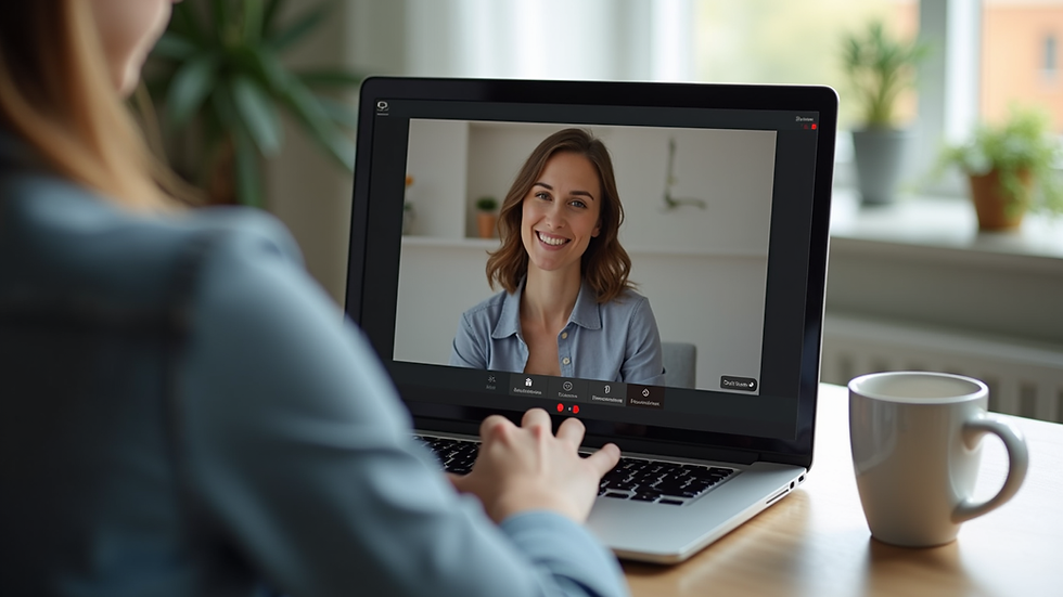 Close-up view of a laptop screen showing a video call with a therapist