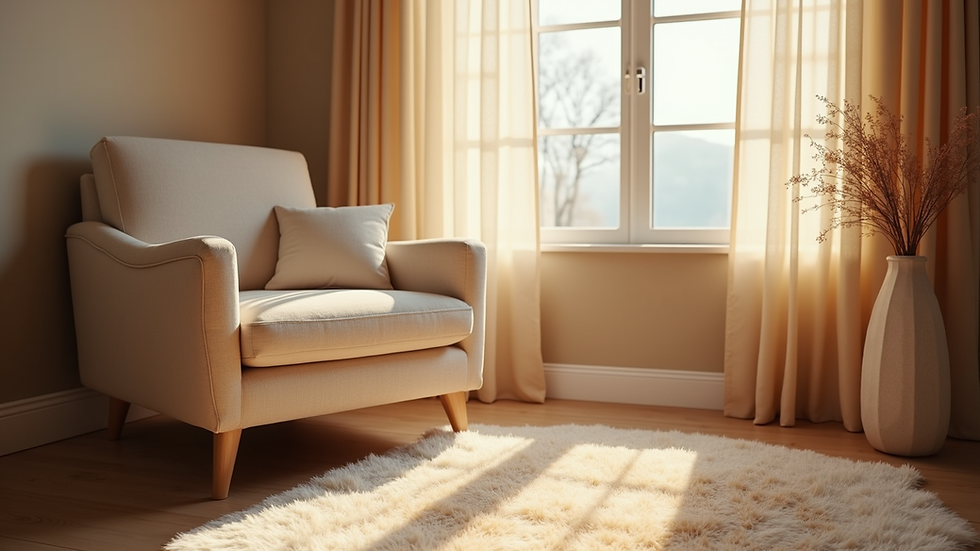 Eye-level view of a cozy therapy room with a comfortable chair and soft lighting