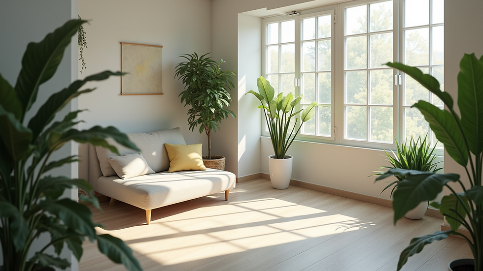 High angle view of a peaceful office corner with plants and soft natural light