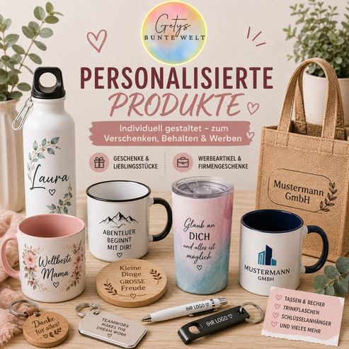 Personalisierte Produkte und Werbeartikel wie Tassen, Tumbler und Geschenkartikel