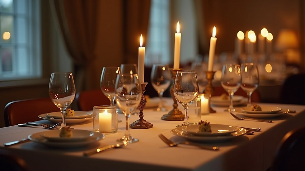 Eye-level view of a dining table set with candles and elegant dinnerware